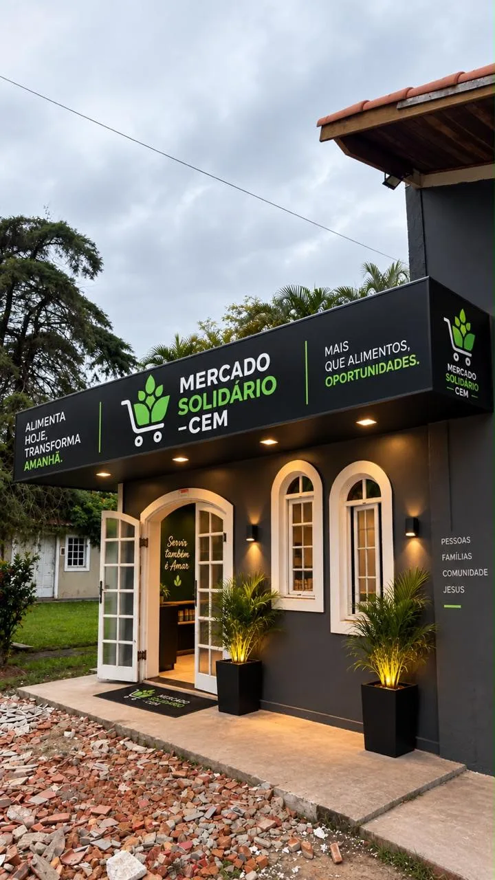 Concepção visual da entrada do Mercado Solidário CEM.