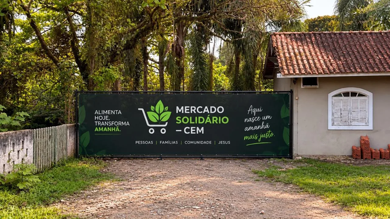 Concepção visual da placa do Mercado Solidário CEM junto ao espaço do projeto.