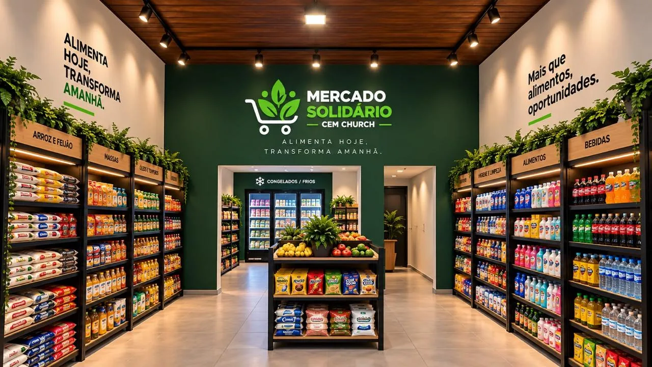 Concepção visual das prateleiras e corredores do Mercado Solidário CEM.